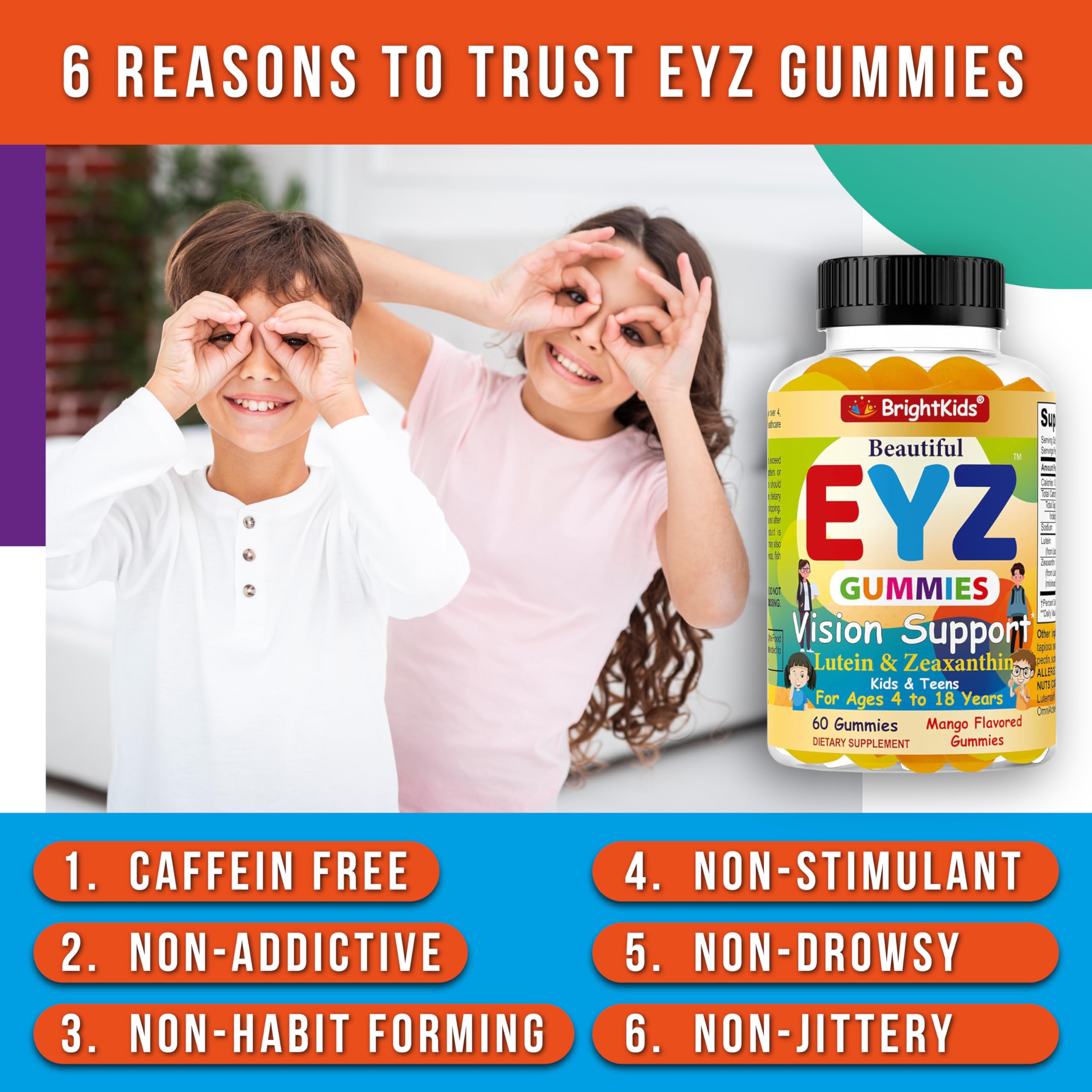 BrightKids Eye Health Gummies for Kids & Teens – Lutein & Zeaxanthin Vision Support – Vegan, Non-GMO Eye Vitamins for Screen Time – Tasty Mango Flavor – 60 Gummies
