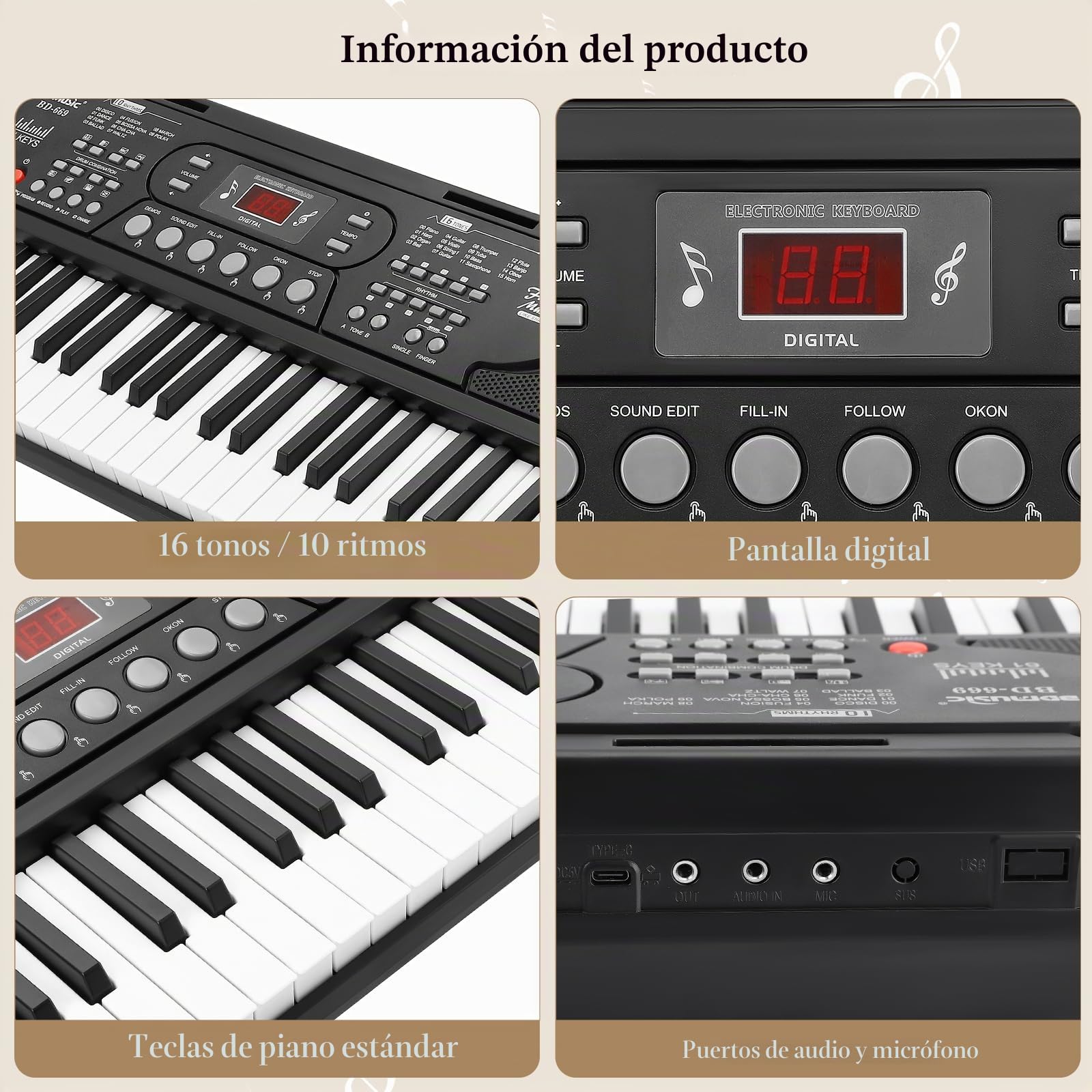 61 Teclado Piano Eléctrico para, el instrumento de piano electrónico portátil para principiantes con micrófono, pegatinas para notas Ligero y portátil, adecuado para viajes o la escuela.