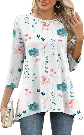 LOMON 3/4 Sleeve Tunic Tops for Women Loose Fit Dressy Casual Blouse Flowy Shirts to Wear with Leggings S-3XL