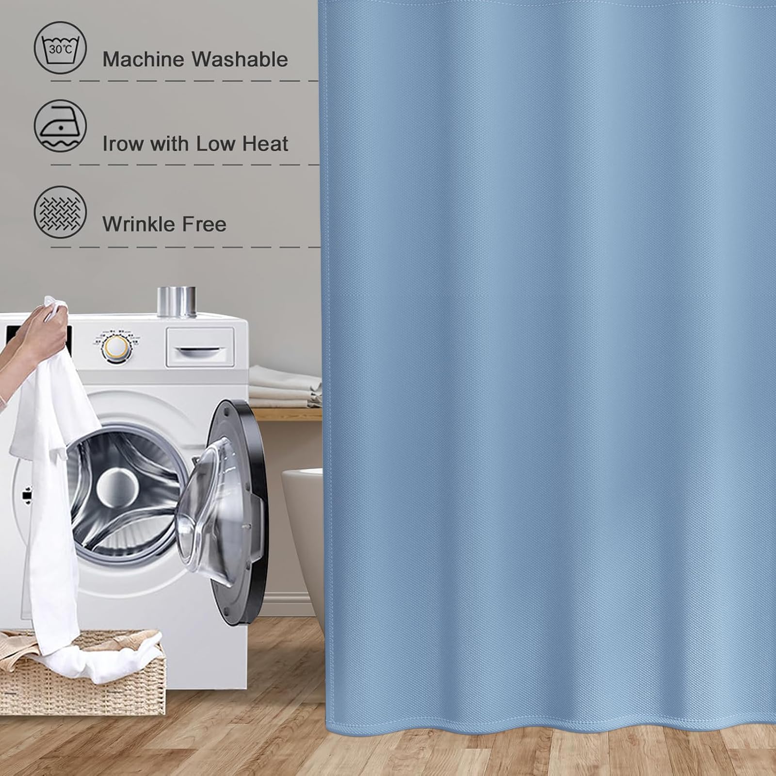 Cortina de Ducha de Tela 270 x 70 cm Cortina de Ducha Resistente Al Moho - Antimoho, Impermeable, Lavable, de Poliéster con Ojales y Anillos, para Baño, Bañera, Azul Claro