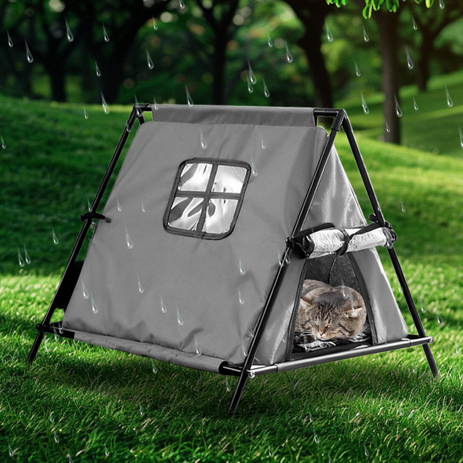 Haus für Katzen im Freien | wärmeisoliert und winddicht | dreieckiger Unterschlupf für Katzen im Freien – für Terrasse, Balkon, Garten, Hinterhof, Park, Wohnbereich, Garage, Scheune