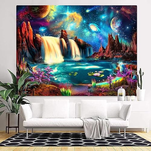 Miniatura 5 de Fungarth Tapiz de galaxia con luz negra, planeta, espacio reactivo UV, cascada, paisaje, fantasía, montaña, tapiz para colgar en la pared, coloridas