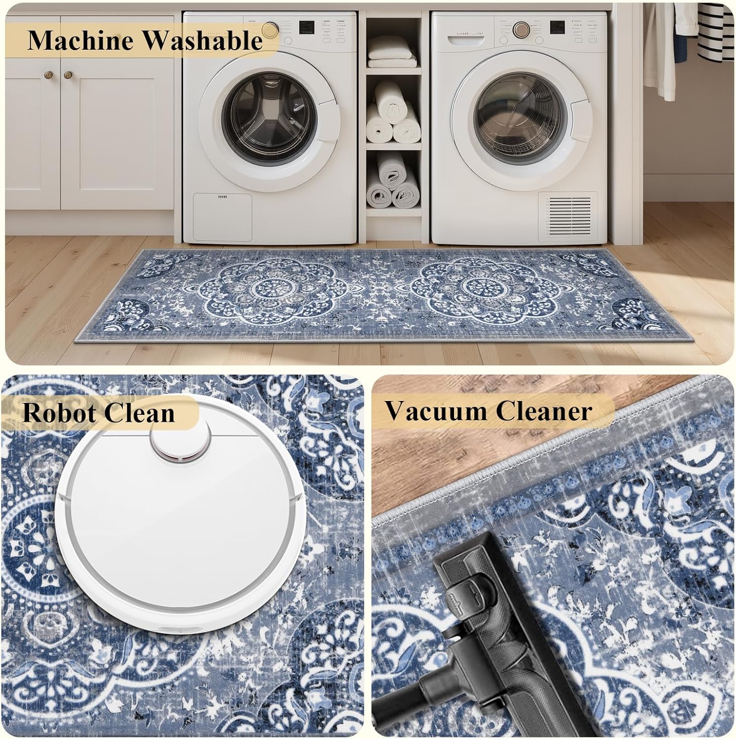 Ileading Boho Kitchen Rugs Sets 3 Piece with Runner Floral Kitchen Floor Mat Carpet Farmhouse Kitchen Rugs and Mats Non Skid Washable Runner Rug for Kitchen Floor Office Sink Laundry, Blue - Image 5