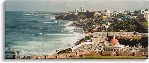 Stupell Industries Old San Juan Puerto Rico - Lienzo decorativo para pared, diseño de paisaje costero, 24 x 10, azul
