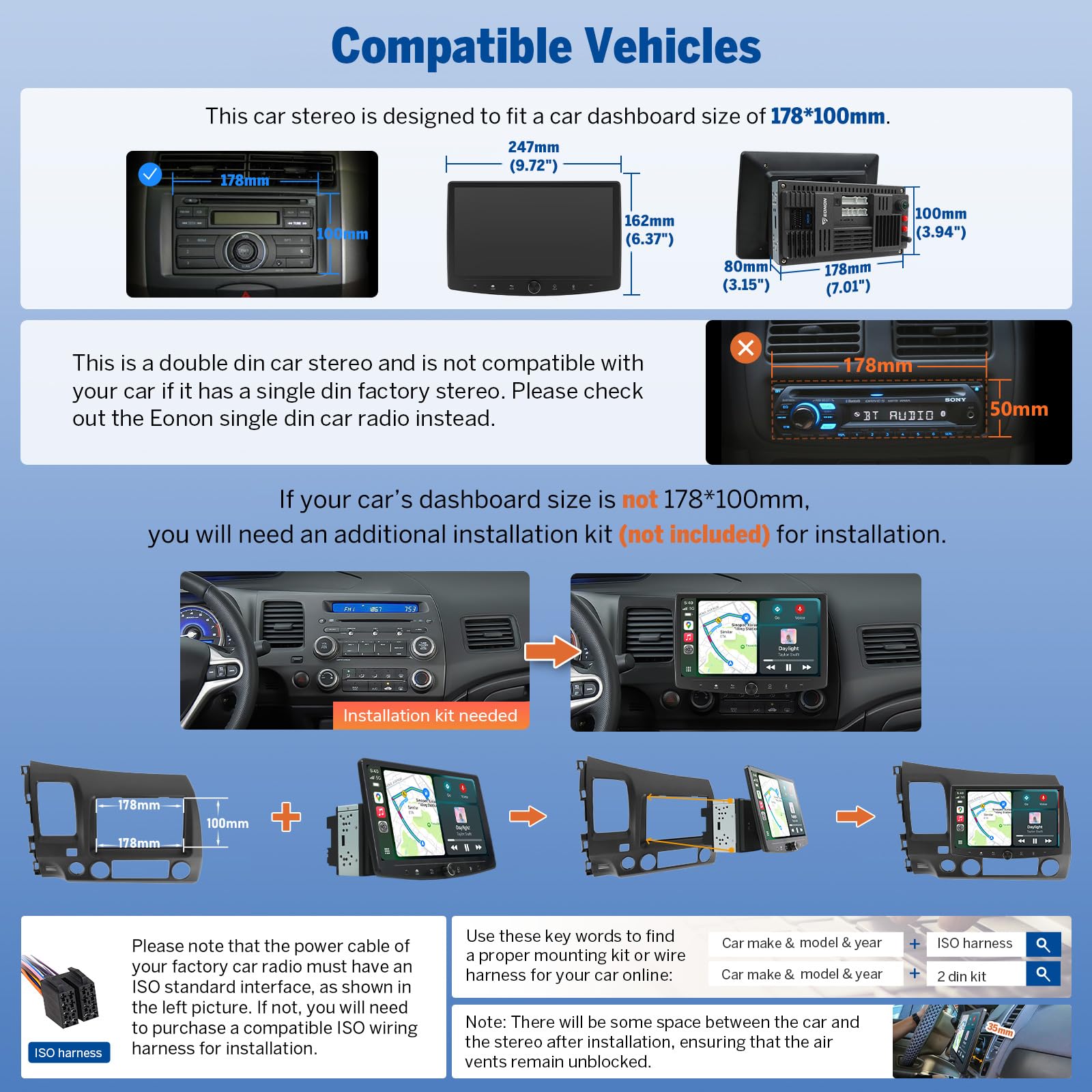 Eonon 10,1" Android 14 Radio Stéréo Double Din GPS 4G LTE CarPlay Android Auto MirrorLink Bluetooth DSP USB SWC Support Caméra de Recul Autoradio UX7SK-PLUS