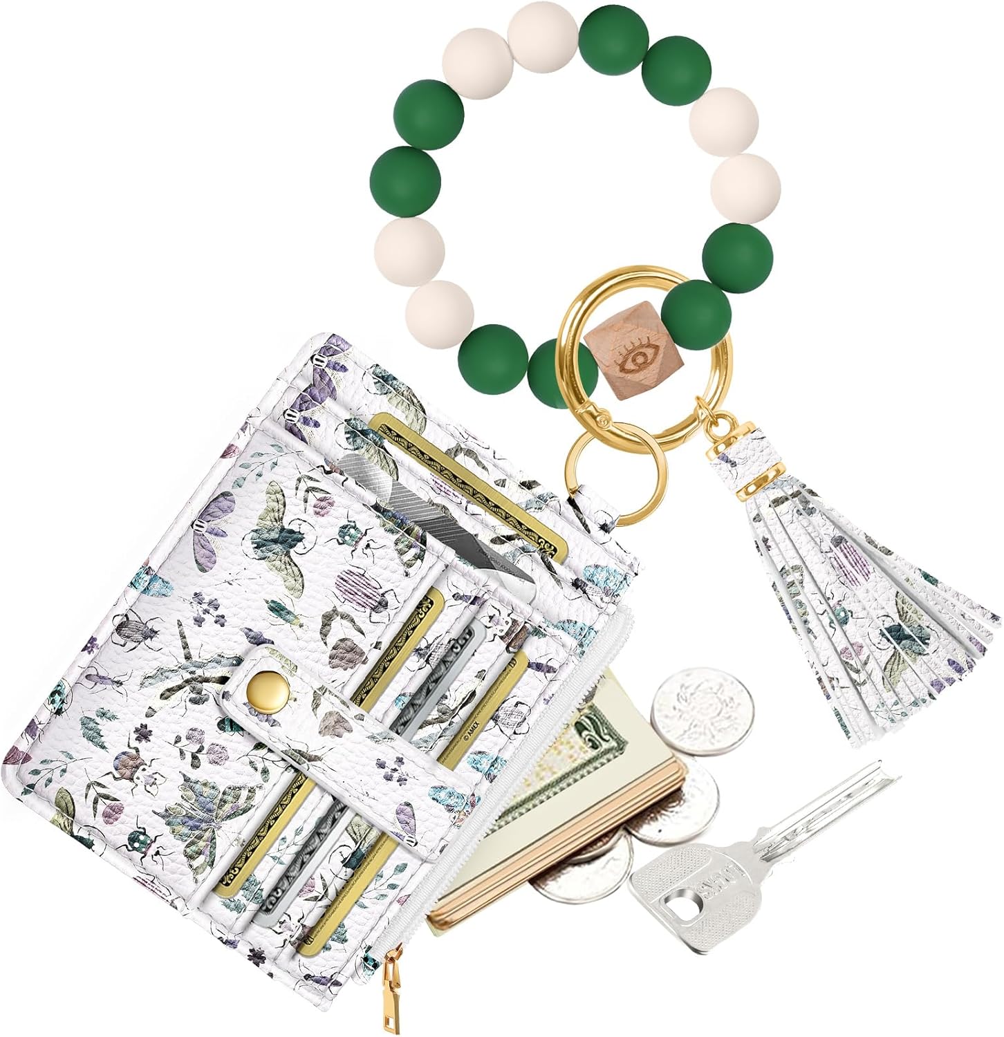 Bistup Wallet Keychain Wristlet for Women - Credit Card Holder Wallets Key Chain Ring Cute Design Slim Small RFID Coin Pocket Purse for Ladies Teen Girls Fashion Insect