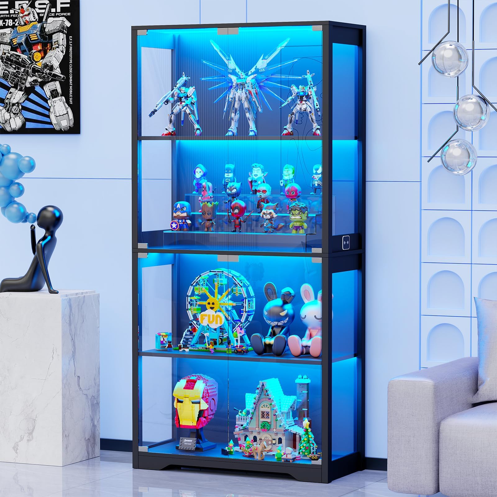 BROTTAR Display Cabinets with Glass Doors, Storage Cabinet with 3 Color Lights and Intelligent Human Sensor, Bookcase for Living Room, Glass Display Cabinets for Collectibles Trophy Books Black