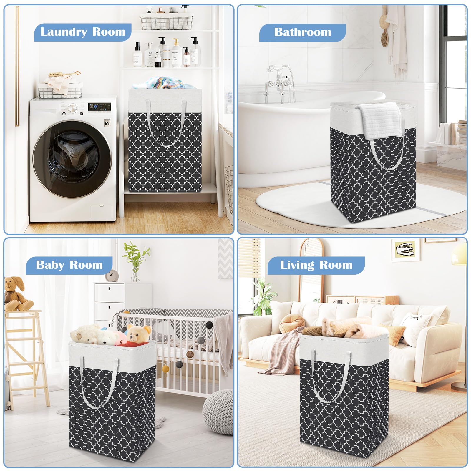 BlissTotes Cesto portabiancheria pieghevole, nero, 100 l, confezione da 3 | Cesto portabiancheria per camera da letto, cesto autoportante con manici, cesto portabiancheria