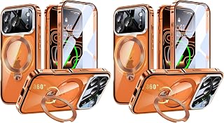 iPhone 17 Pro Max 用 双面 支持MagSafe 手机壳 iPhone17 Pro Max 全覆盖 [90°可靠自立 × 360°旋转] 发条式支架 纵横多角度Uovon 智能手机壳 iPhone17 Pro Max 全面保护 保护壳 玻璃 CD纹环支架 无线充电 车载支架 锁定功能 金属按钮 相机镜头保护 ・ 橙色(× 2)