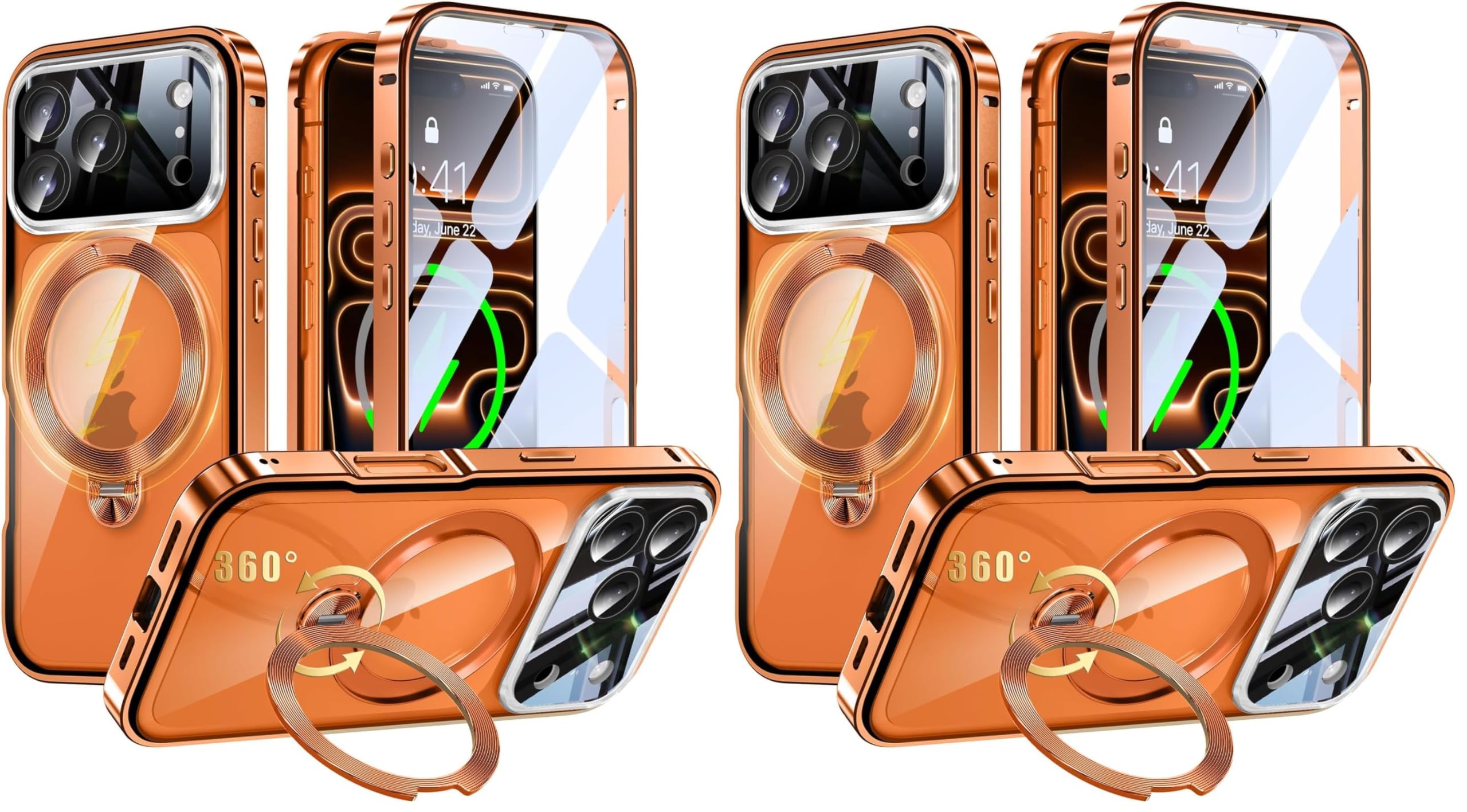 iPhone 17 Pro Max 用 両面 MagSafe対応 ケース アイフォン17プロマックス フルカバー 【90°確実に自立 × 360°回転】 ゼンマイ式スタンド 縦横多角度 Uovon スマホケース アイホン17プロマックス 全面保護 カバー ガラス CD紋リングスタンド ワイヤレス充電 車載ホルダー ロック機能 金属ボタン カメラレンズ保護 ・ オレンジ (× 2)