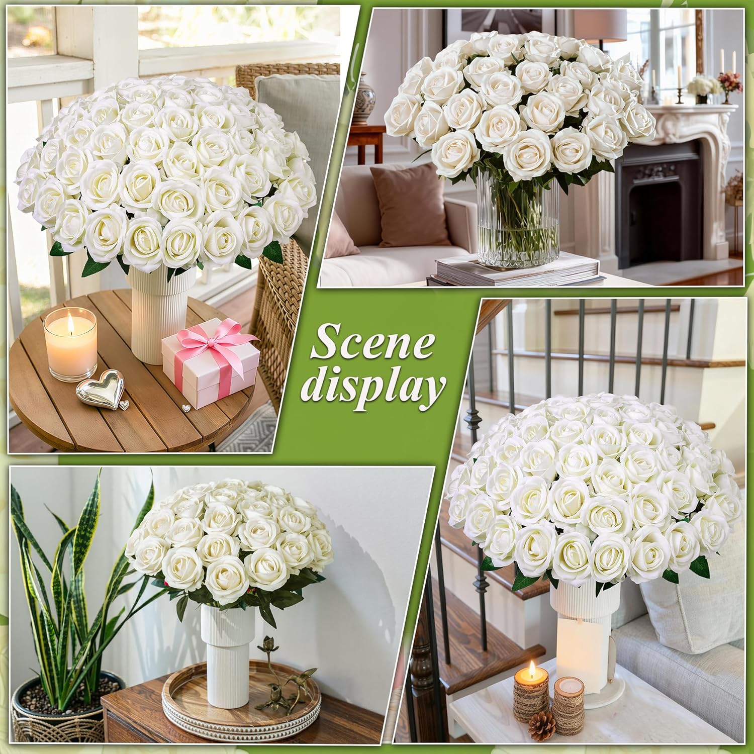 50 PCS Ivory Roses Artificial Flowers, Fake Roses with Stem Realistic Silk Roses for DIY Wedding Bouquets Tables Centerpieces Arrangements Baby Shower Birthday Home Decor Valentine's Day Gift for Her