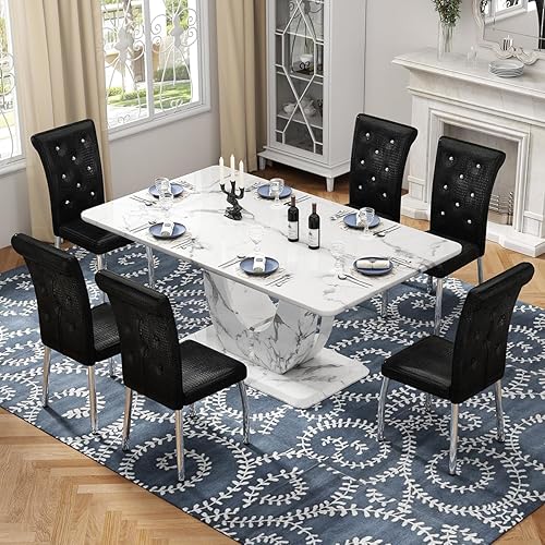 Miniatura 3 de JUFU Juego de mesa de comedor de mármol para 6 personas con mesa de mármol sintético de 63 pulgadas y pedestal en forma de U, mesa de comedor 6