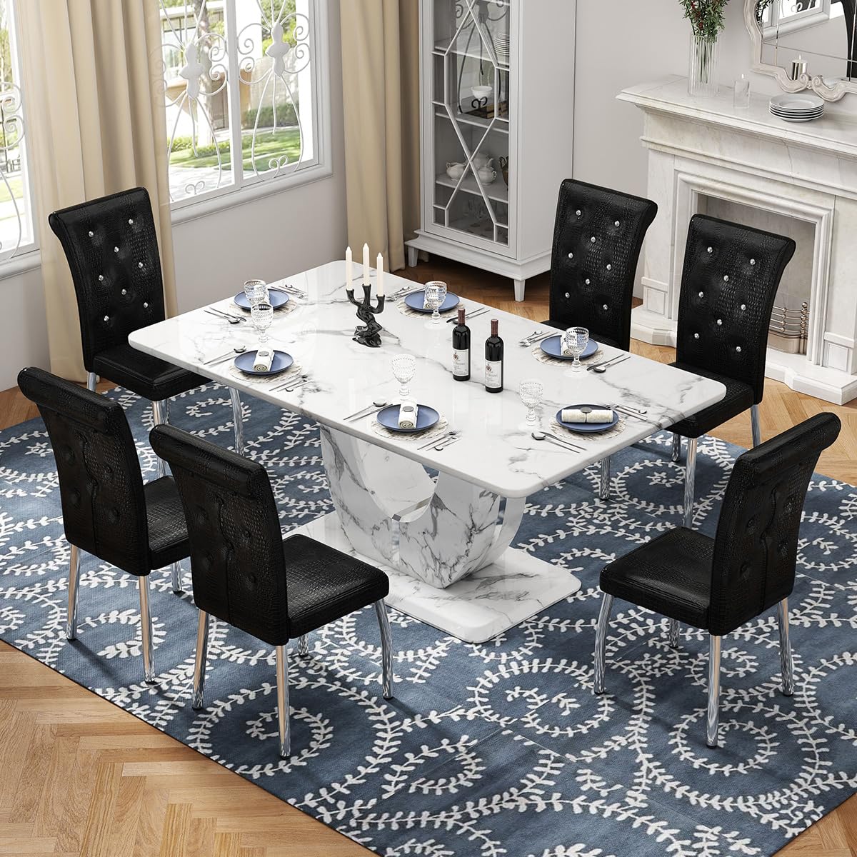 Modern Faux Marble Dining Table Set for 6