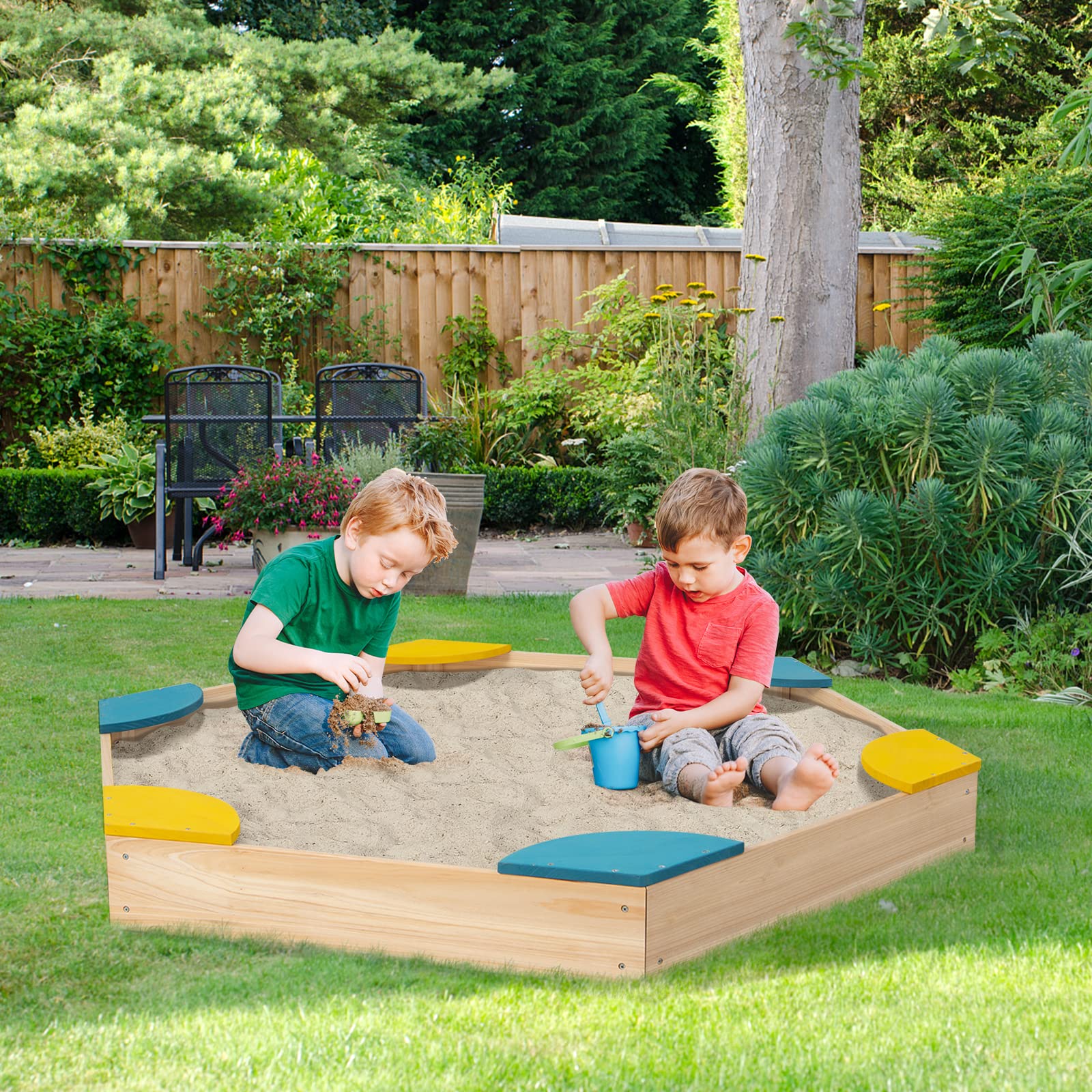 DREAMADE Bac à Sable en Bois, Boîte à Sable Enfants avec Sièges, Bac à Sable Extérieur pour Jardin, Plage, Pelouse (Hexagone Jaune)