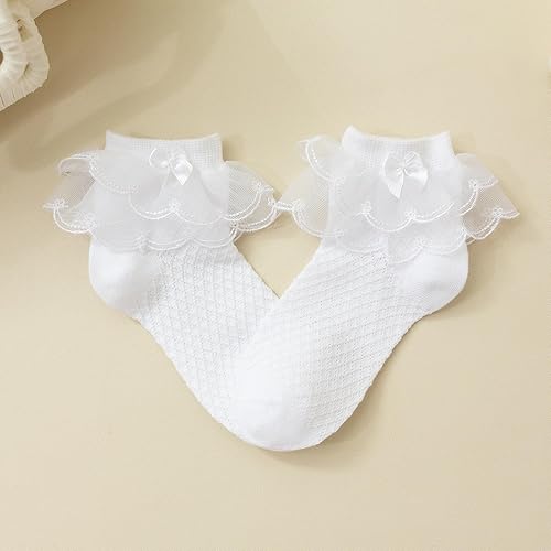 Miniatura 4 de Looching 5 pares de calcetines de encaje con volantes para niñas pequeñas con lazo y ojal de malla con volantes para vestido de tobillo para niños