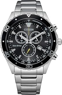 Men's Eco-Drive Weekender Chronograph Watch in Silver-tone Stainless Steel, Black Dial (Model: AT2387-52E), Silver-Tone, Chronograph