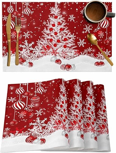Juego de 4 manteles individuales con diseño de Feliz Navidad, manteles individuales de lino y algodón, antideslizantes, lavables, bolas de árbol de