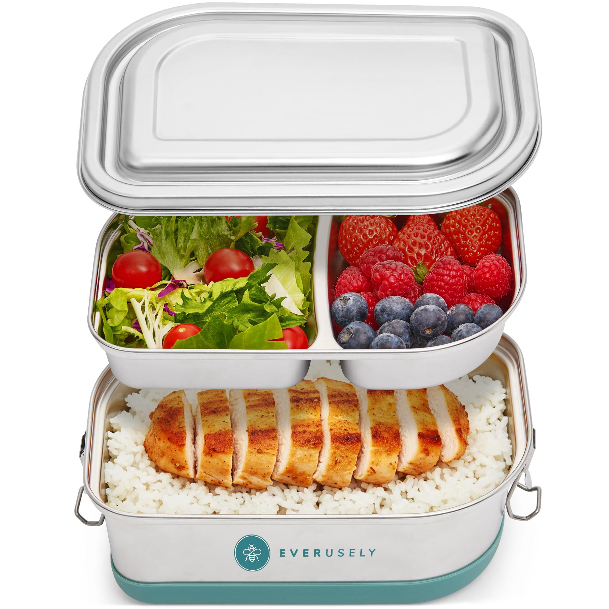 Everusely Stainless Steel Bento Box - Tiered Lunch Box - 2 Compartments Metal Container with Leakproof Lid - Removable Compartmented Layer to 1 Large Portion Section - Work Friendly Lunchbox