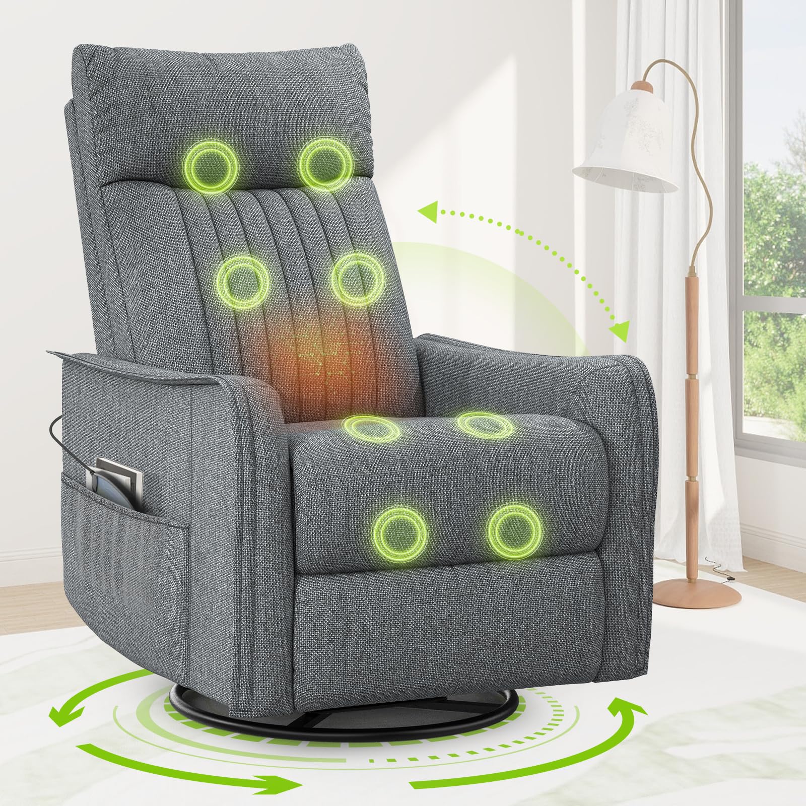 sisolos Recliner Armchairs 3-In-1 Recliner sofa with Massage & Heat, 360° Swivel Rocking Chair with Padded Cushion, Armchair for Living Room with Adjustable Leg Rest and Reclining Functions