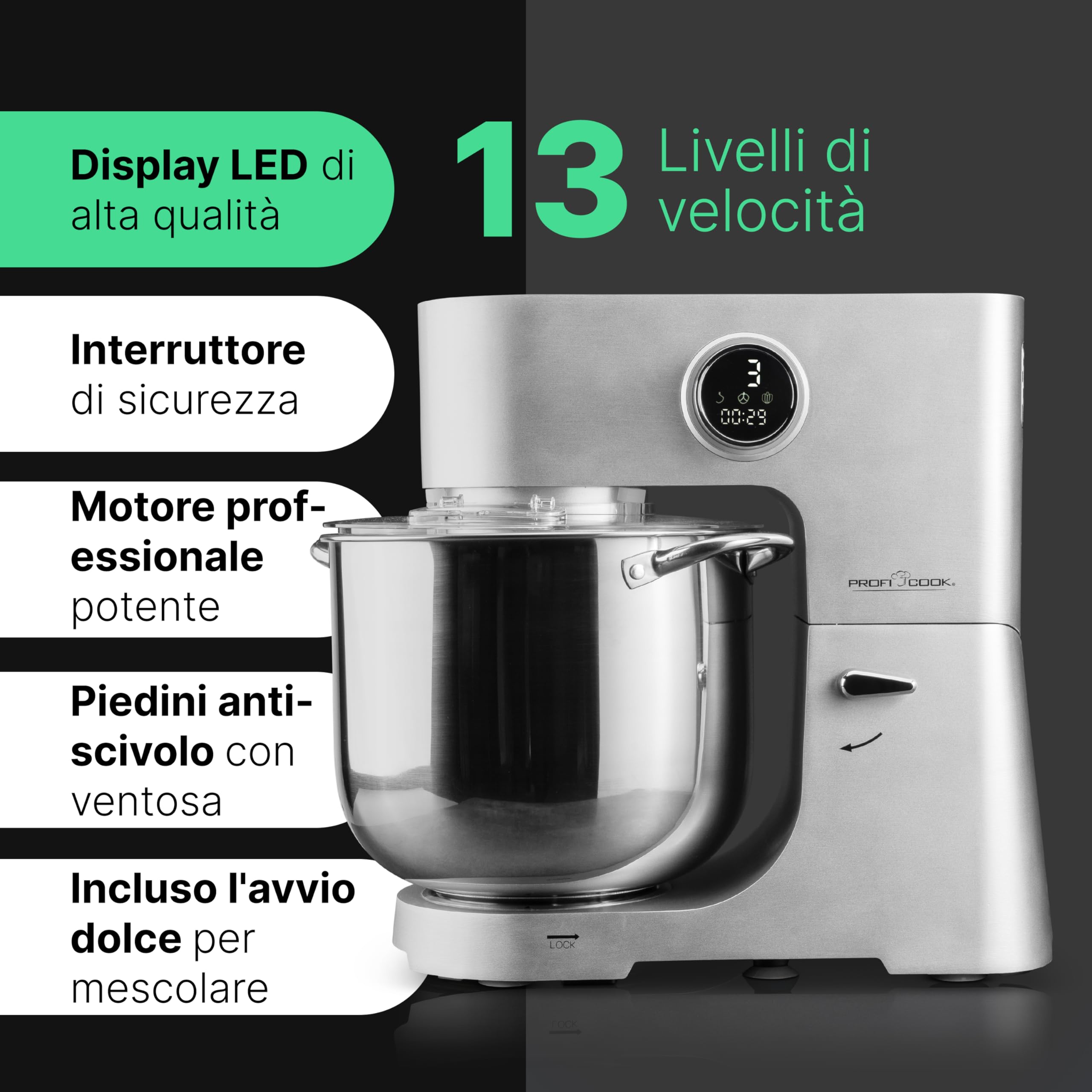 ProfiCook® Robot da cucina con ciotola XXL da 12 litri | Impastatrice con motore Longlife da 2500W | Ingranaggi in metallo e display a LED | Food Processor per impasti fino a 8,5 kg | PC KM 1254