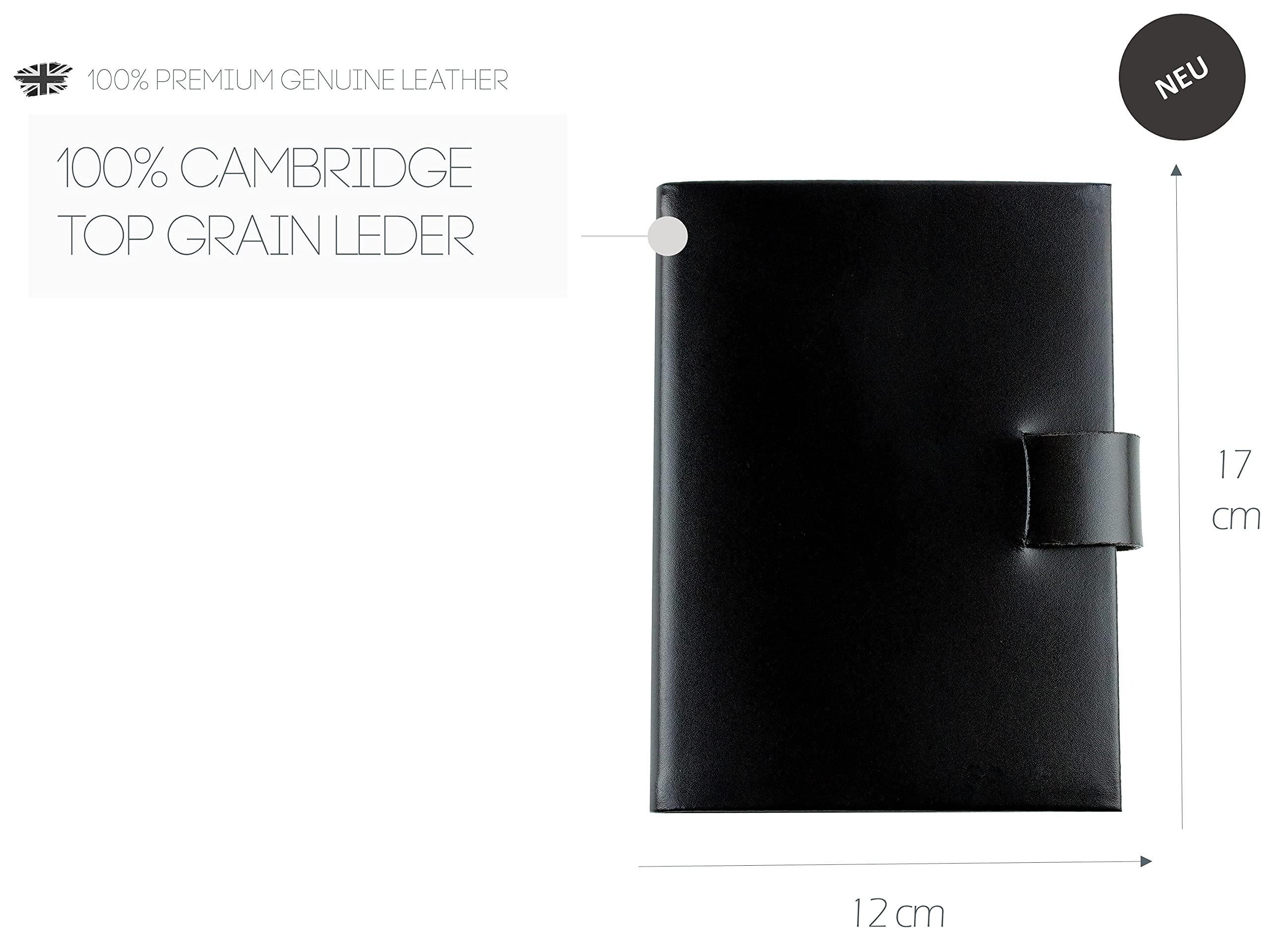 DELMON VARONE - Personalisierbares Notizbuch DIN A6 gebunden in Premium Cambridge Top Grain Leder (Rindspaltleder) schwarz, Blanko Buch unliniert im Softcover Ledereinband mit Verschlusslasche