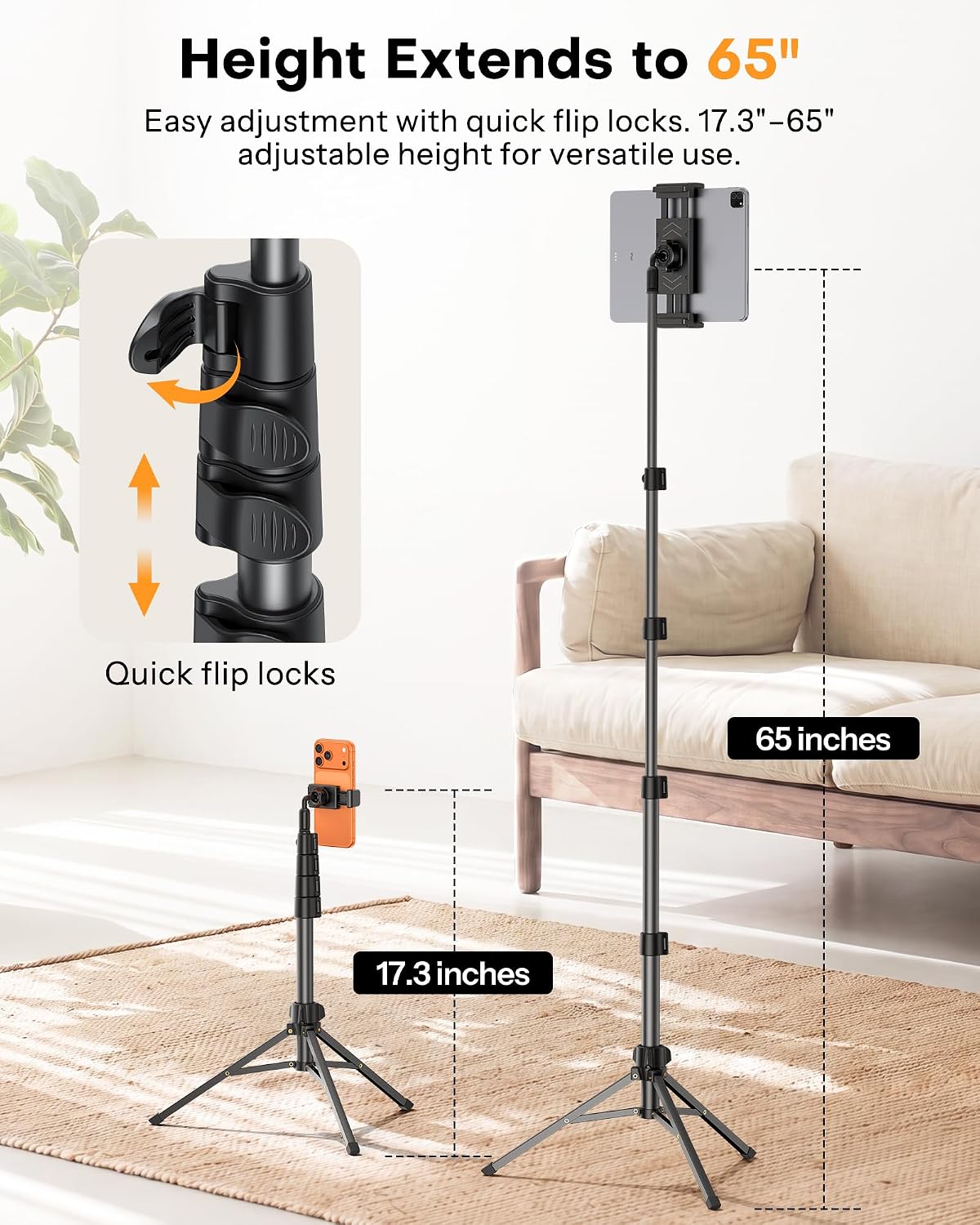 OMOTON 65" Tablet Floor Stand Tripod for iPad with Remote, 360°Phone Holder