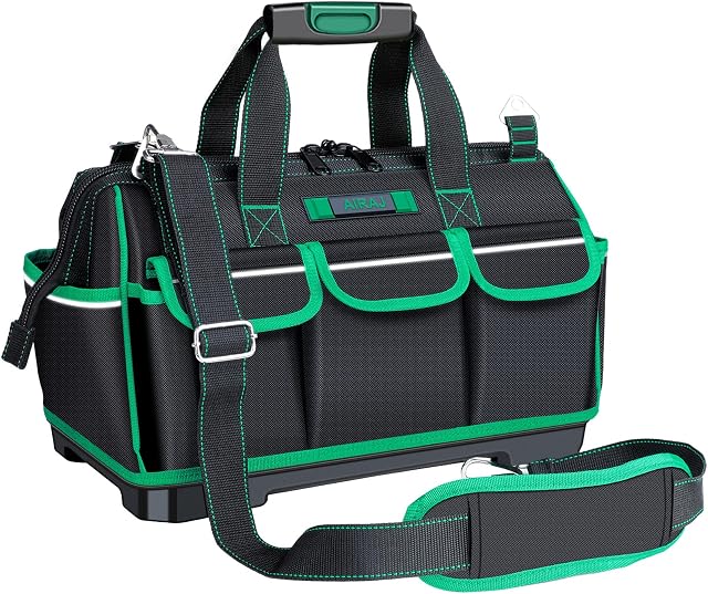 AIRAJ 16 Inch Tool Bag with Night Reflector Strip,Tool Storage Bag have Adjustable Shoulder Straps,Heavy Duty Tool Bag Organizer with ABS Molded Base,Professional Tool Bag