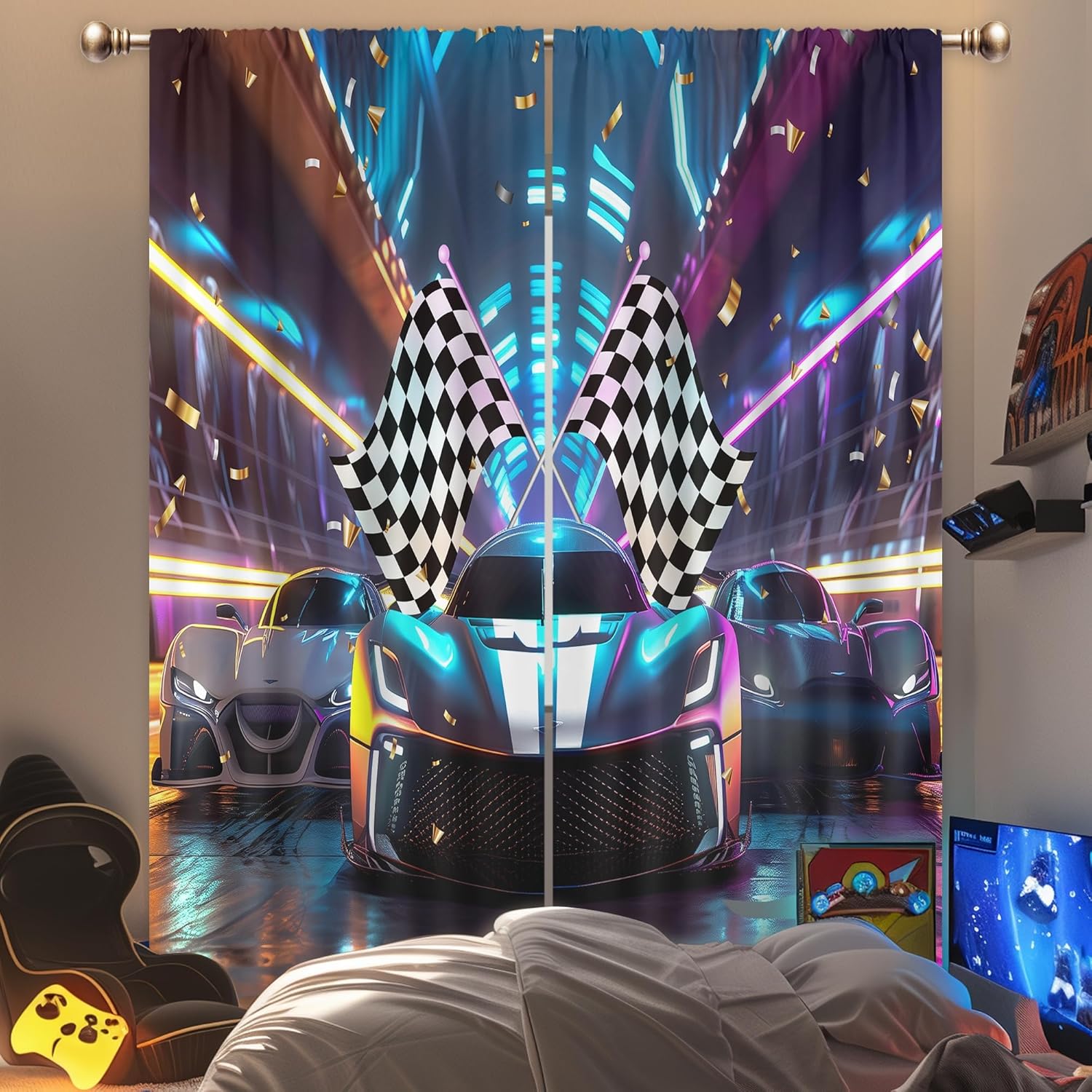 Tractor Truck Curtains for Boys Bedroom 42Wx63H Inch Rod Pocket Kids Cartoon Racing Car Colorful Cool Fun Stadium Auditorium Light for Girls 2 Panels Window Treatment Set for Living Room Decor