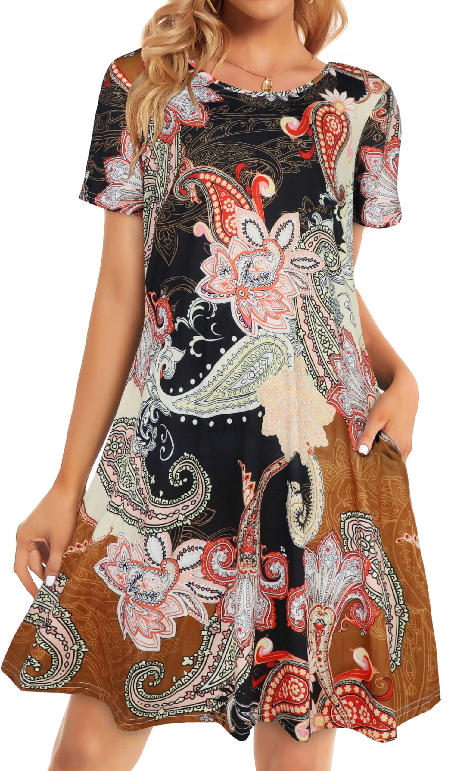 elescat Womens Summer Dresses Casual Loose Tshirt Floral Pockets Sundress | 2026 Boho Flowy Short Sleeve Dress, Two Hidden Pockets, Loose Beach Cover Up, Solid or Floral, Fashion Vacation Outfits