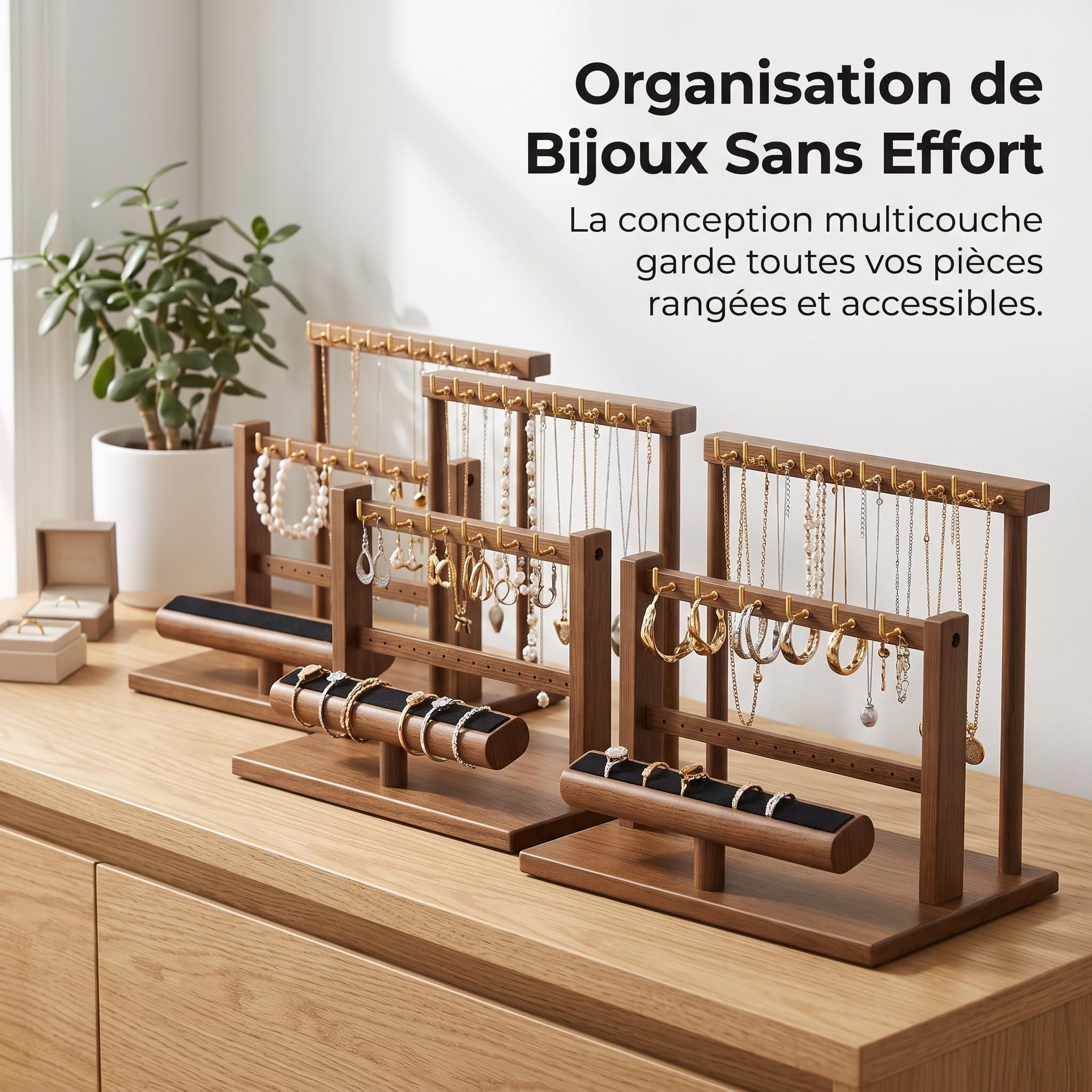 TISHITA Support à Bijoux Table avec ux Tiges Suspendues et Plateau Intégré pour Rangement sans Encombrement sur Comptoir, Noyer, deux barres, Grand, 35x20x25.3cm