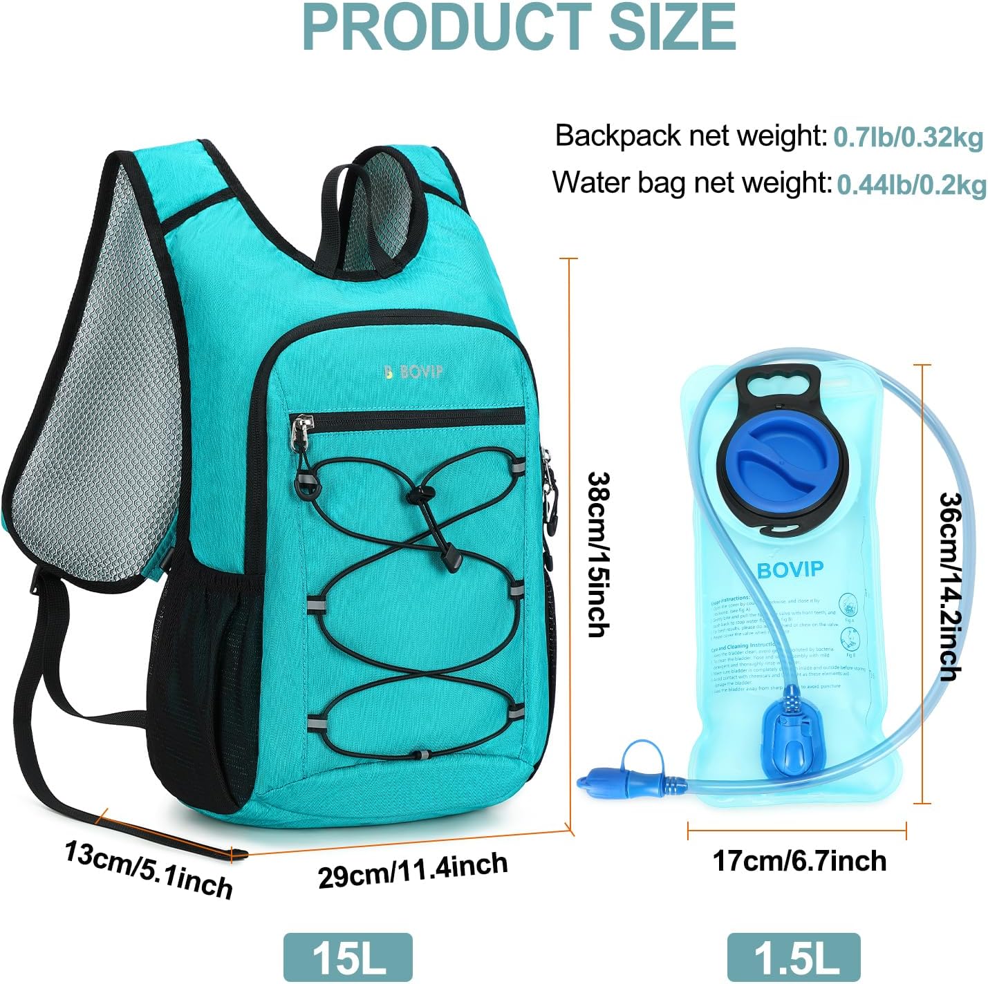 BOVIP Lightweight Hydration Back,15L Multipurpose Hiking Backpack with 1.5L Water Bladder ,Hydro Water Daypack for Cycling Hiking Rave for Men Women - Image 3