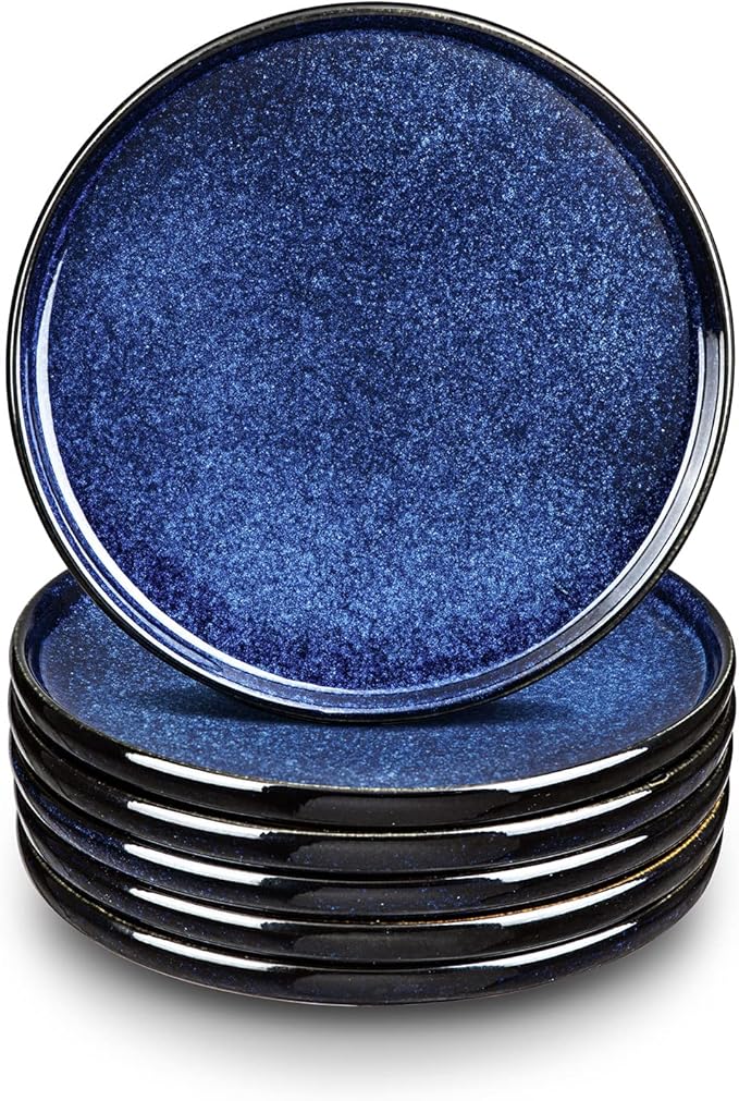 vicrays Ceramic Dinner Plates Set - Porcelain 10 Inch Flat Steak Pasta Pizza Plate Home Party Restaurant Plate Scratch Resistant Microwave Oven and Dishwasher Safe Set of 6 Blue