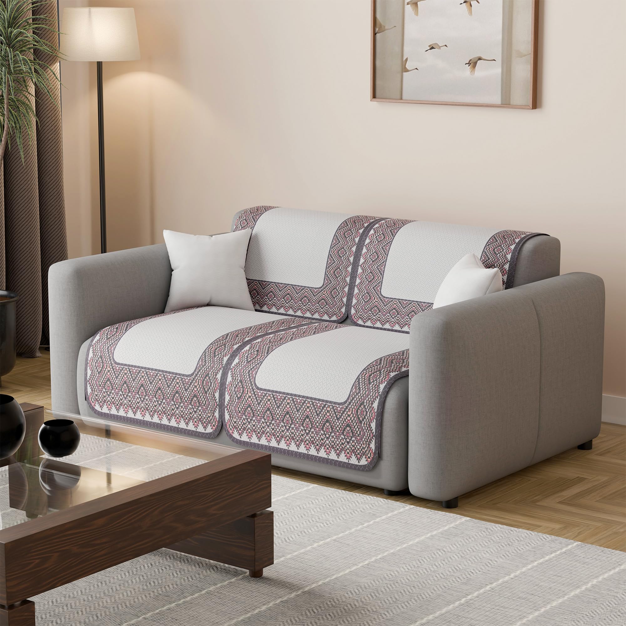 Kuber Industries 2 Seater Sofa Cover | Slipcover for Living Room | Thick & Cozy | Non-Slip Comfort Sofa Cover Set Set | Paradise Diamond 1372 - Cream & Purple
