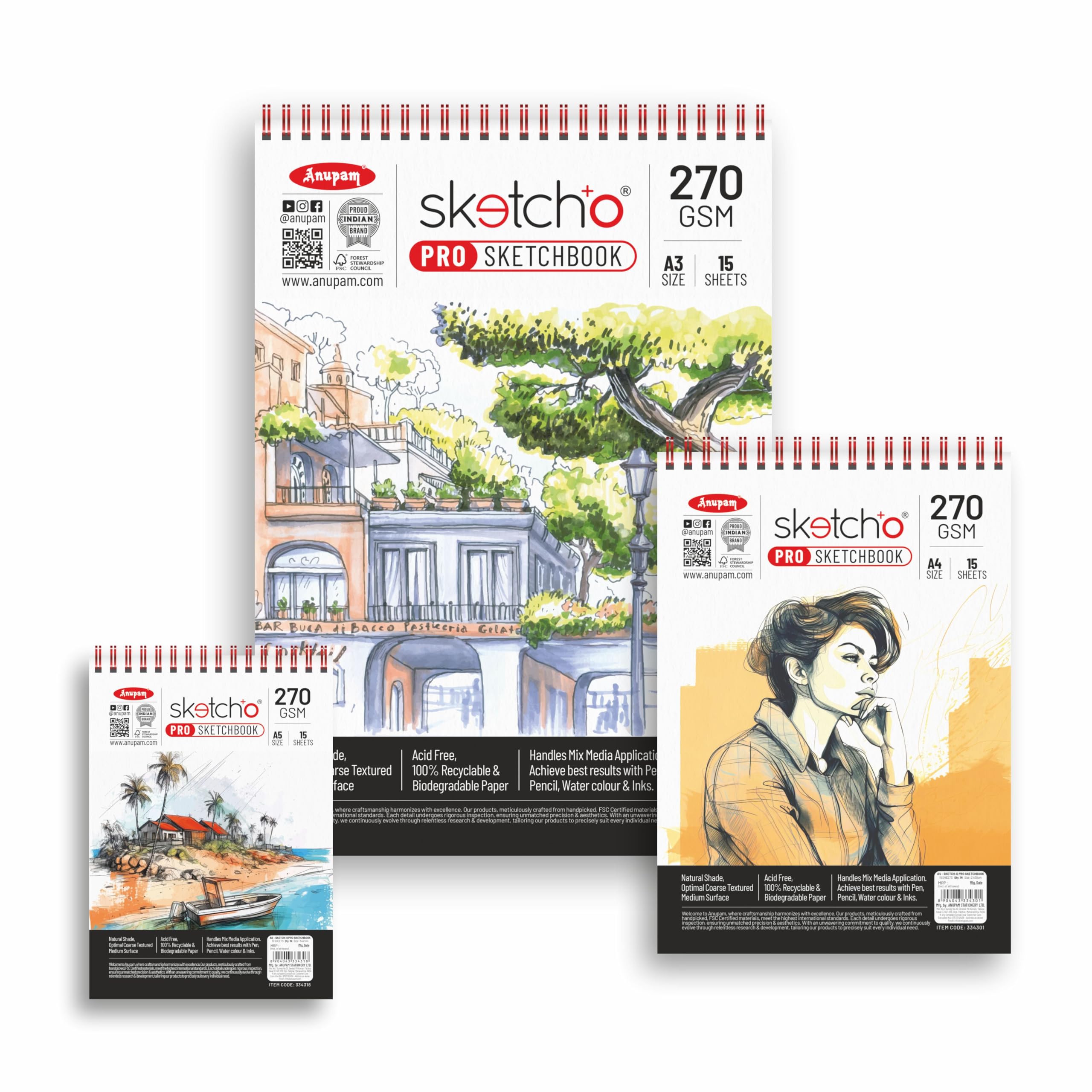 Anupam Sketch-O Pro Sketchbook A4 | 15 Sheets | 270 GSM | Durable, Acid-Free Paper | Top Spiral-Bound for Markers, Pencils, Charcoal & Inks 4