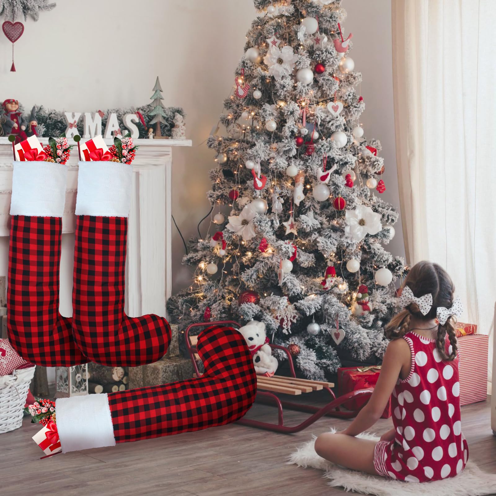 Lot de 4 chaussettes de Noël géantes en feutre pour sapin de Noël - 111 cm - Rouge