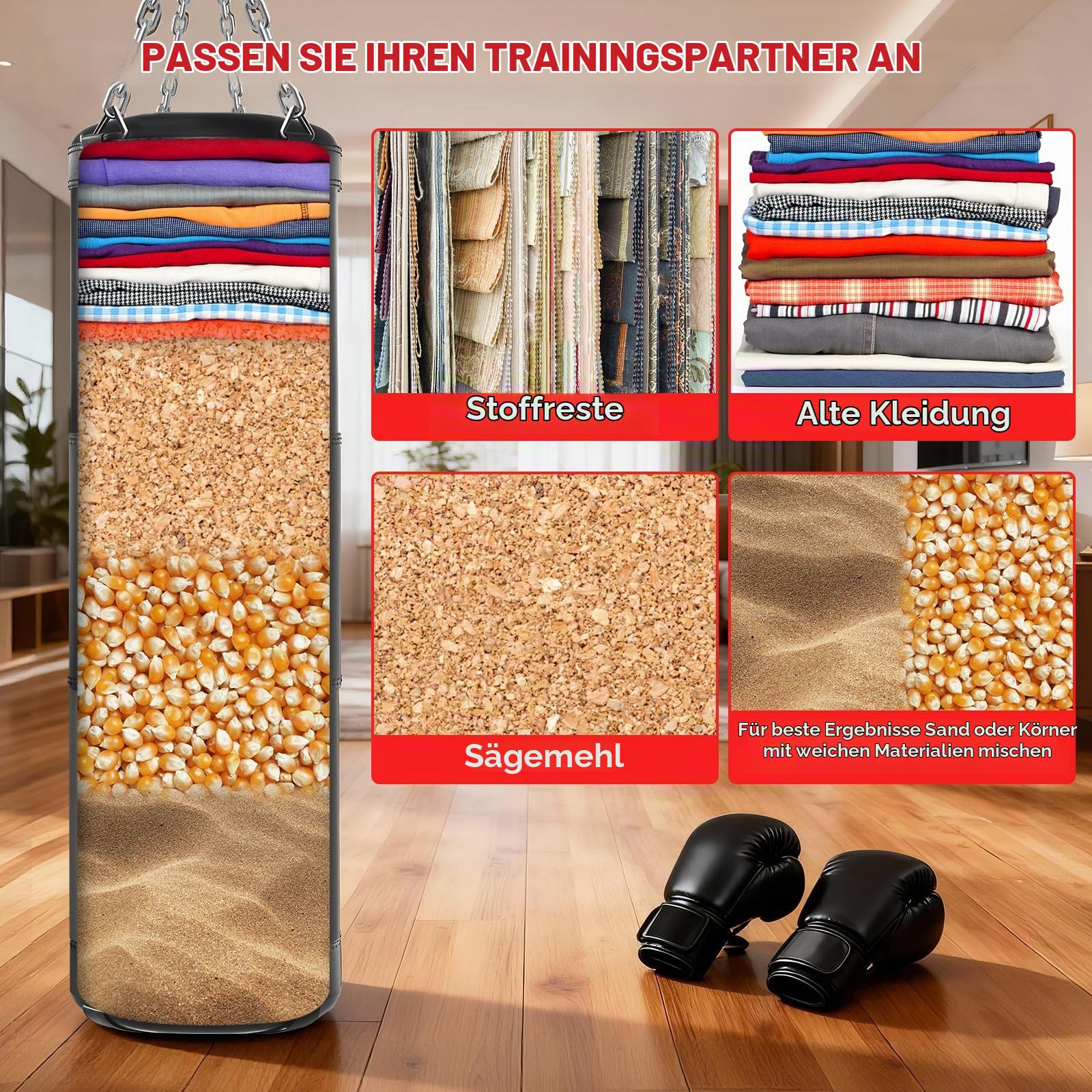 Qoosea Boxsack für Erwachsene, 4FT Schwere Boxsack Hängend mit 17OZ Boxhandschuhen und Boxsackaufhänger, Sandsack Boxen für Männer Kickboxsack Gefüllt für Üben Karate MMA Training - Ungefüllt