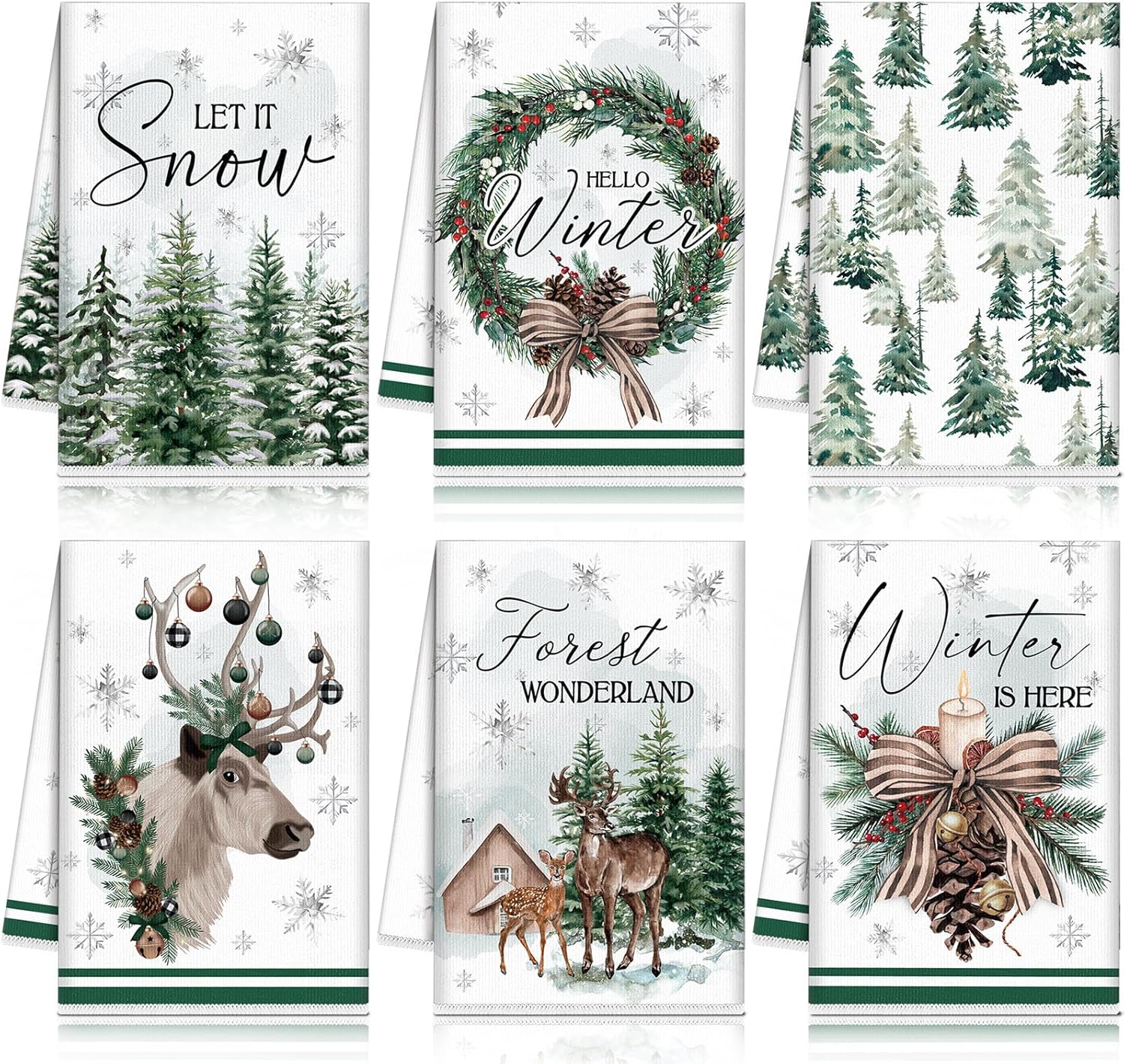 6 Pcs Winter Kitchen Towels Green Forest Wonderland Dish Towel 21 x 14 Inch Decorative Absorbent Winter Hand Towels Holiday Tea Towel for Kitchen Bathroom Farmhouse Gift