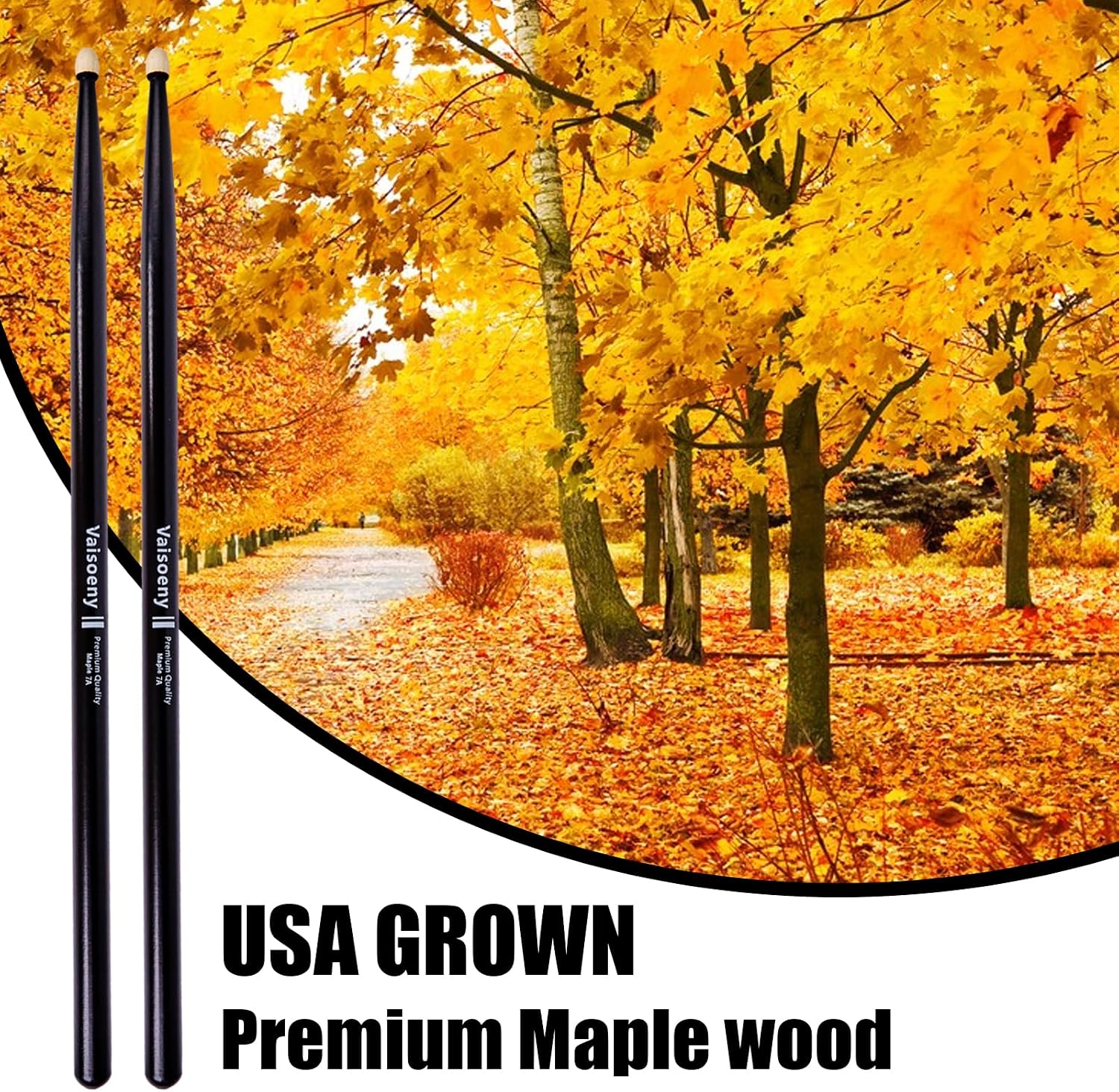 Drum Sticks 7A, 6 Pairs Lacquered Maple Wood Drum Sticks (Black) | Lacquer-finished Drumsticks Not Only Enhance Durability But Also Make Your Daily Practice and Performances More Enjoyable