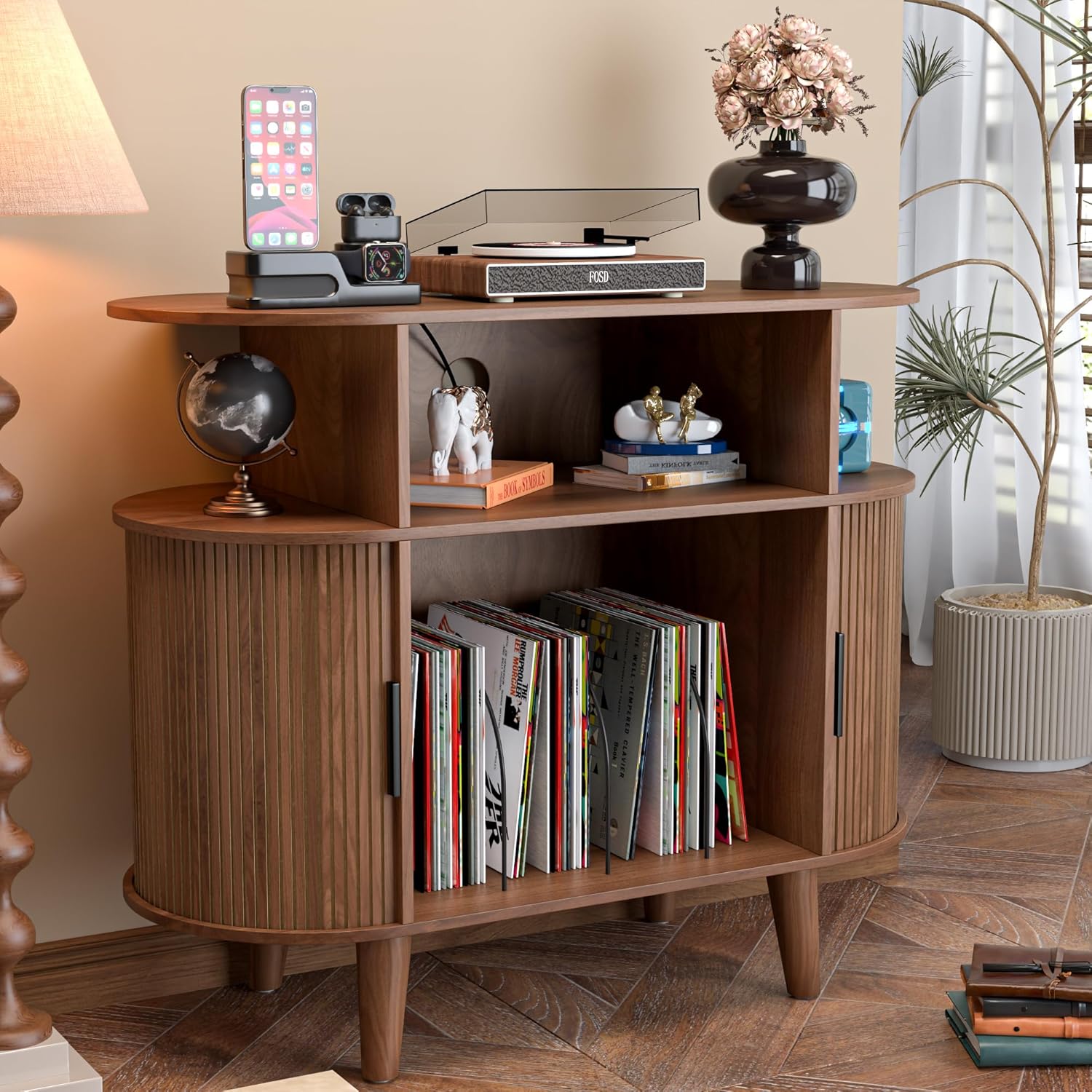 Mid Century Modern Record Player Stand with USB Ports