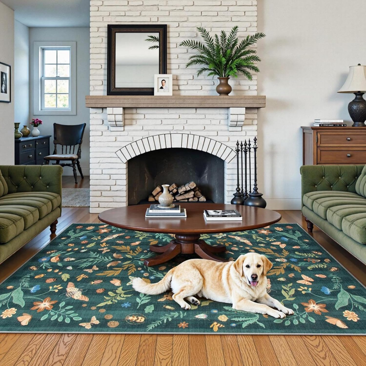 Lahome Insect Botanical Washable 5x7 Area Rugs for Living Room, Non Slip Green Rug for Bedroom, Boho Indoor Throw Dining Room Carpet for Under Table Entryway Kitchen Office(Dark Green,5x7) - Image 8