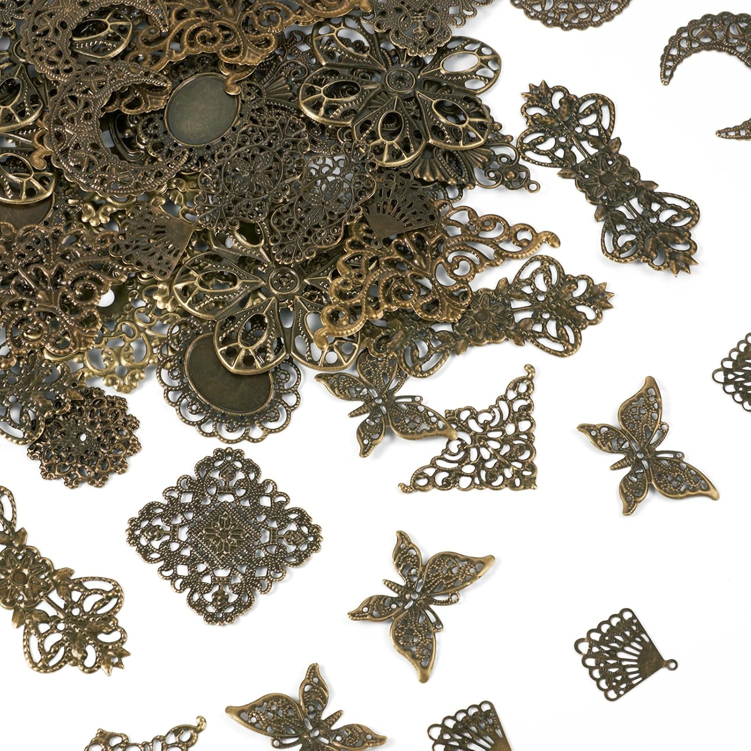 Cheriswelry 84pcs Tibetan Iron Filigree Joiners Antique Bronze Vintage Link Charms Rhombus Flower Butterfly Triangle Teardrop Metal Necklace Pendants 23~73.5mm for DIY Craft Jewelry Making - Image 8