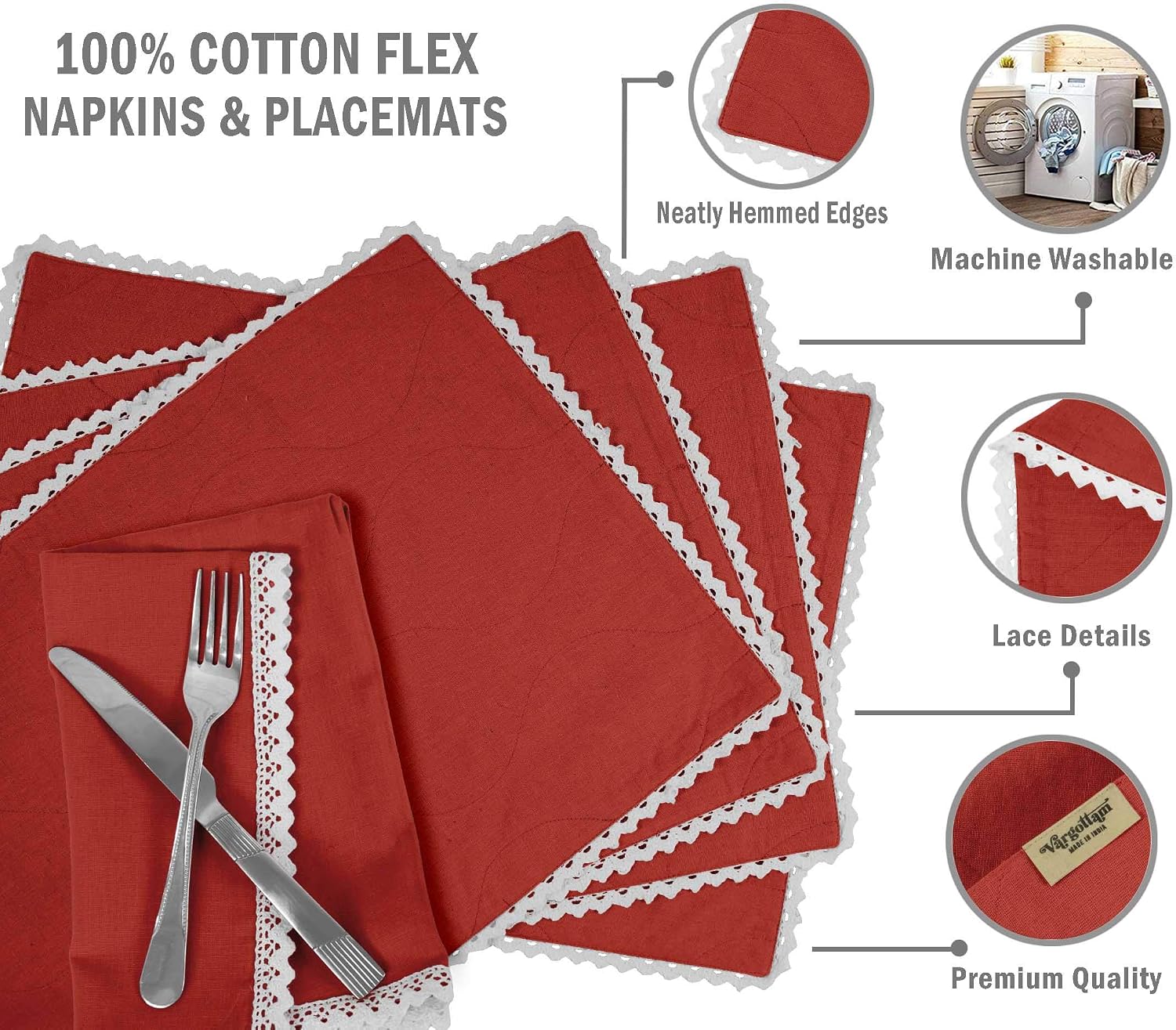 Red Solid Home Decor Everyday Washable Lace Placemats with Napkins Dining Table Decor-Pack of 6