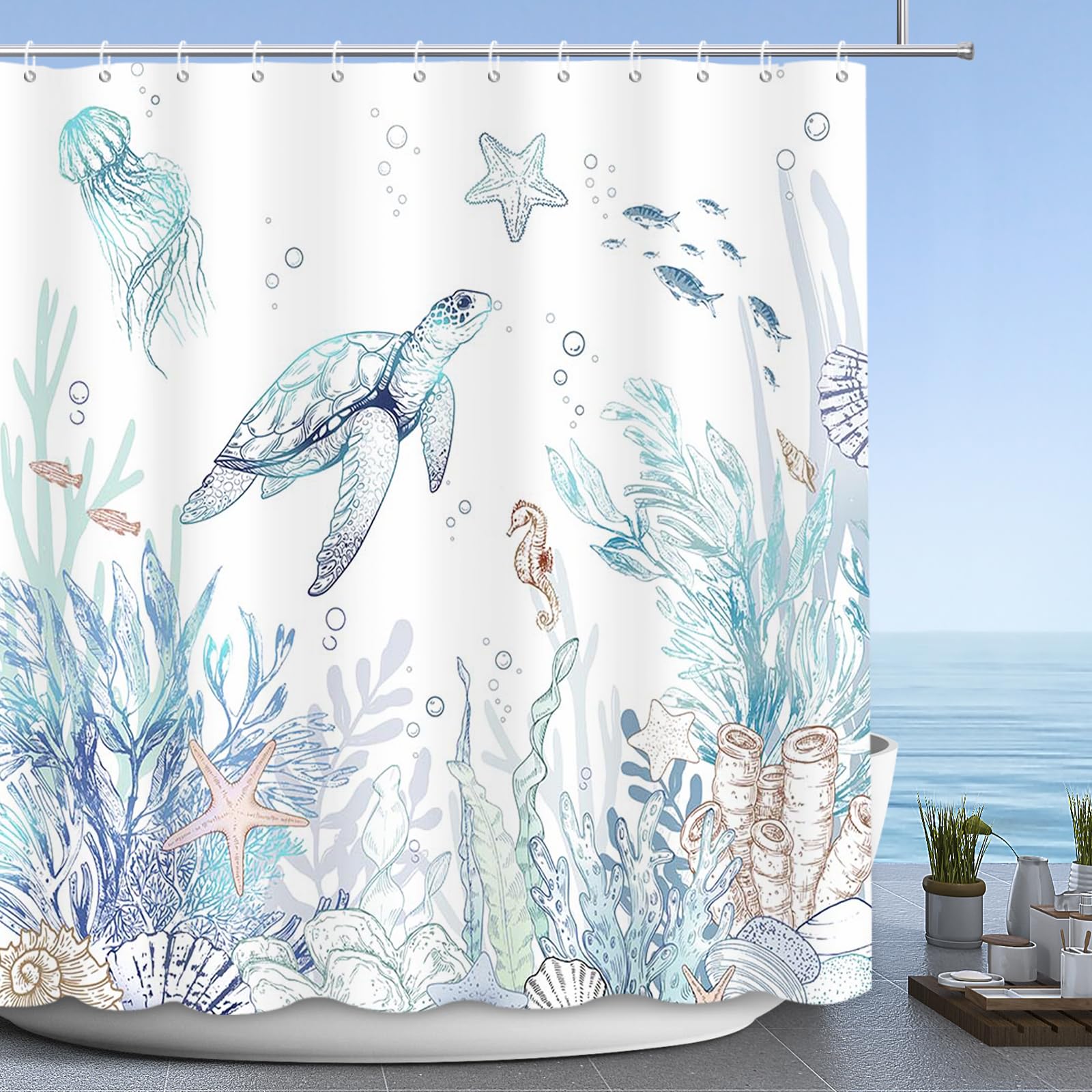 APROPHIC Schildkröte Badezimmer Duschvorhang Blaue Ozeanschildkröte, Seepferdchen, Quallenmuster Dekorativer Duschvorhang Polyester Wasserdichter Badezimmervorhang mit 12 Haken，180 x 180 cm