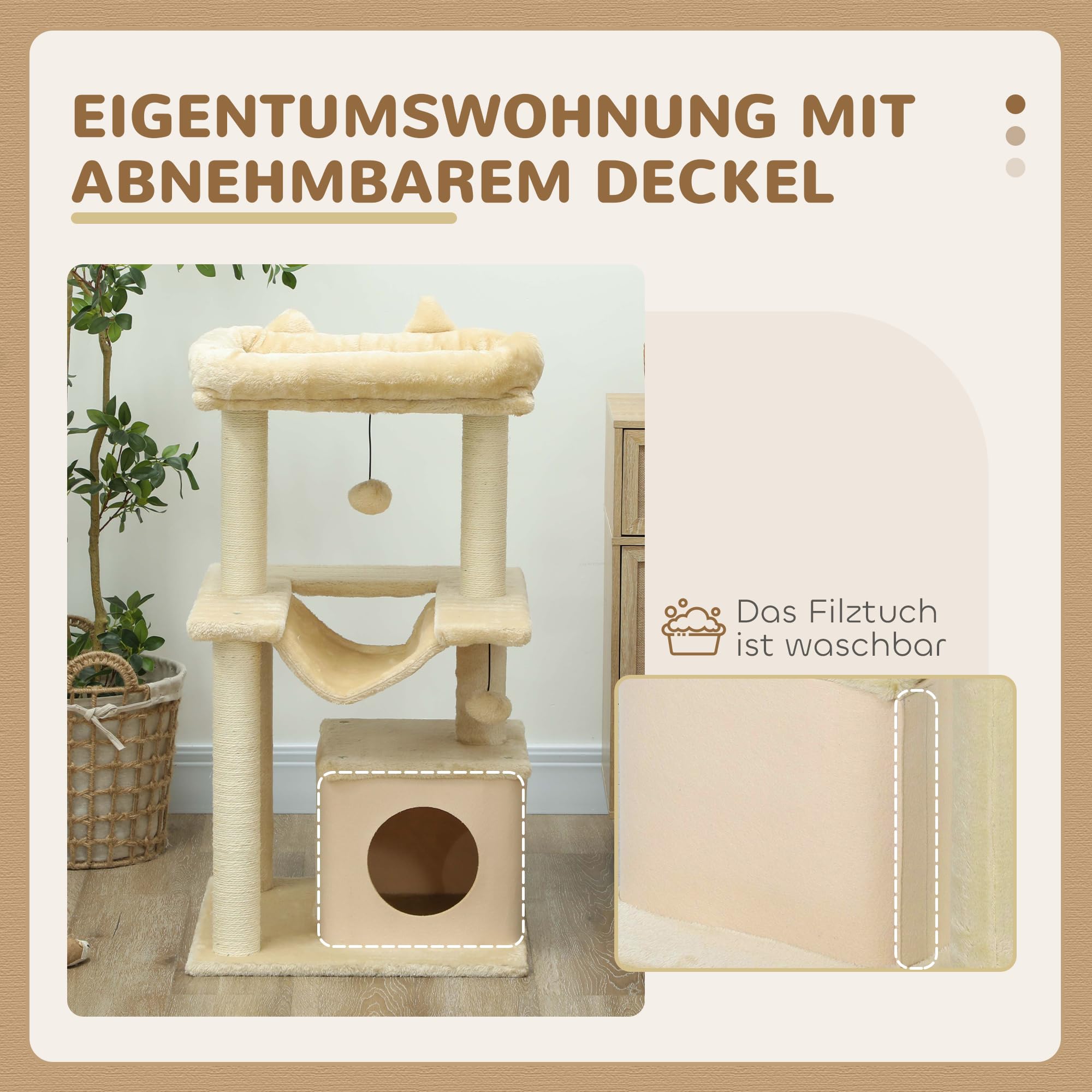 PawHut Drapak 90 cm z hamakiem dla kotów poniżej 4 kg kremowo-biały | Wieża dla kota, jaskinia, 2 pluszowe bale, pnie sizalowe, platformy, wielopoziomowy drapak dla kota, drzewko wspinaczkowe