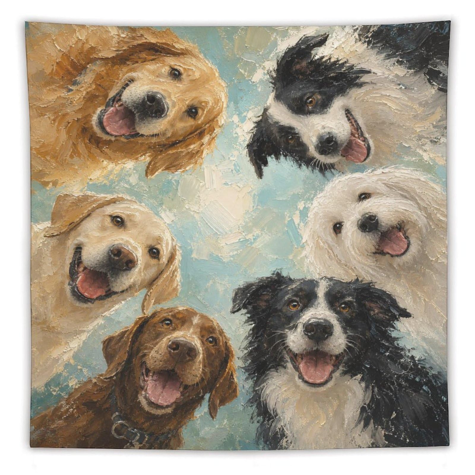H3B8U2Y5 Happy Dog Group Portrait Wall Tapestry, Playful Faces