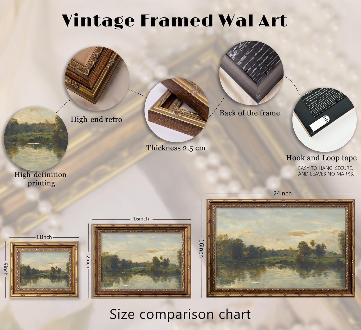 Vintage Gold Framed Landscape Wall Art Vintage River Painting Canvas Prints Landscape Wall Decor Countryside Painting Style Poster Print Artwork for Living Room Bedroom Home Decoration