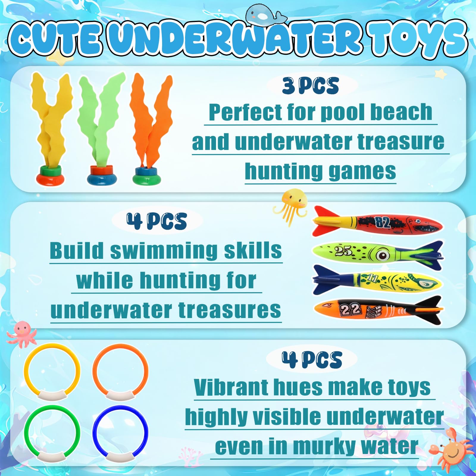 Tauchspielzeug Set Kinder 19 PCS, Unterwasser TauchspielzeugTauchtorpedo, Algenspielzeug & Tauchjuwelen - Spielzeug für Jungen Mädchen ab 4Jahren