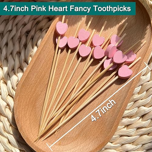 Miniatura 2 de Púas de cóctel, palillos de dientes de corazón rosa de 4.7 pulgadas para aperitivos, 100 palillos de cóctel de bambú para postres charcutería