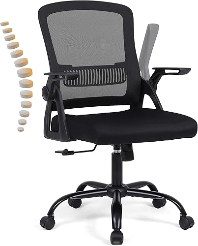 Silla de oficina, silla de escritorio ergonómica con soporte lumbar, silla de malla transpirable con reposabrazos abatibles y respaldo medio, cómoda
