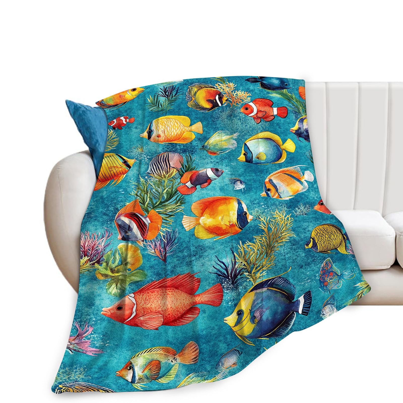 Tropical Fish Blanket Soft Fuzzy Fleece Sea Ocean Fish Throw Blanket Decor Cozy Warm Plush Flannel Colorful Fish Blanket Gifts for Kids Adults Home